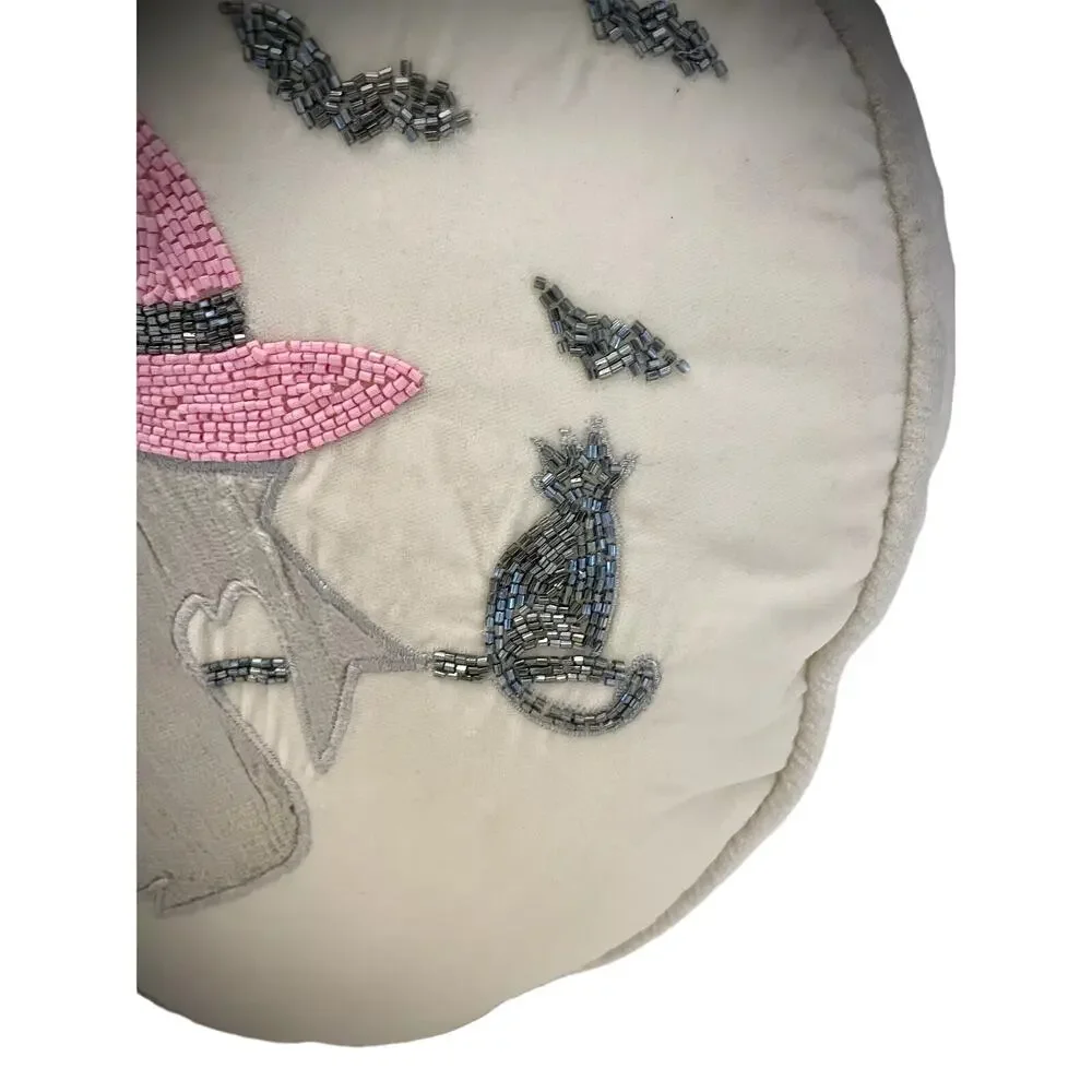 RACHEL ZOE Halloween Flying Witch Pink Moon Round Toss Beaded Pillow 16x6 New